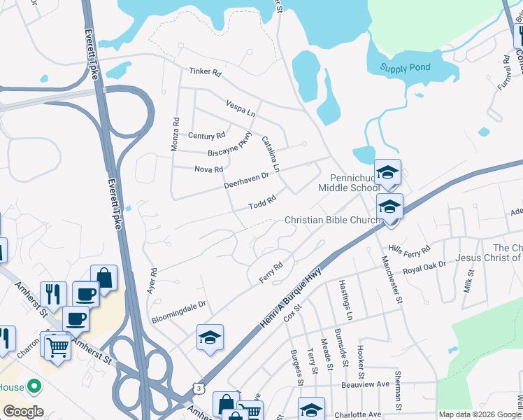 map of restaurants, bars, coffee shops, grocery stores, and more near 8 Todd Road in Nashua