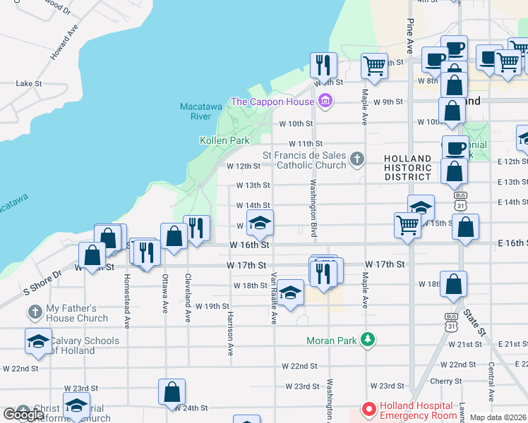 map of restaurants, bars, coffee shops, grocery stores, and more near 296 West 14th Street in Holland
