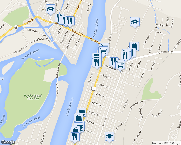 map of restaurants, bars, coffee shops, grocery stores, and more near 813 1st Avenue in Troy