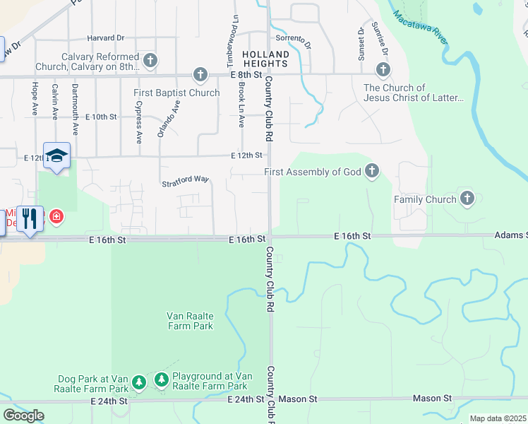 map of restaurants, bars, coffee shops, grocery stores, and more near 354 Country Club Road in Holland