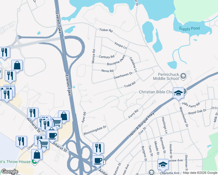 map of restaurants, bars, coffee shops, grocery stores, and more near 19 Todd Road in Nashua
