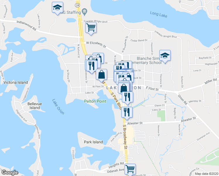 map of restaurants, bars, coffee shops, grocery stores, and more near 272 Park Green Drive in Orion charter Township