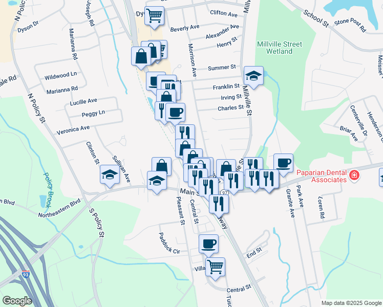 map of restaurants, bars, coffee shops, grocery stores, and more near 78 North Broadway in Salem