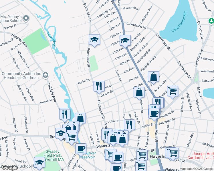 map of restaurants, bars, coffee shops, grocery stores, and more near 37 Garden Street in Haverhill