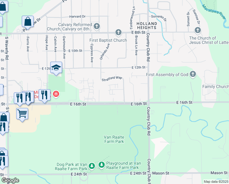 map of restaurants, bars, coffee shops, grocery stores, and more near 1048 Abbey Court in Holland