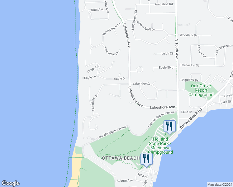 map of restaurants, bars, coffee shops, grocery stores, and more near 3919 Dune Shadow Drive in Holland