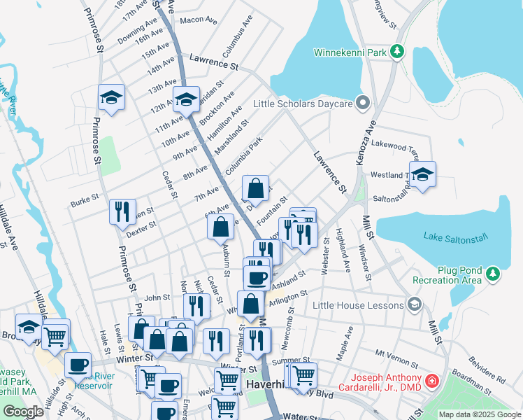map of restaurants, bars, coffee shops, grocery stores, and more near 16 Fountain Street in Haverhill