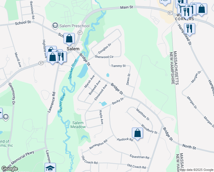 map of restaurants, bars, coffee shops, grocery stores, and more near 3 Elmwood Avenue in Salem