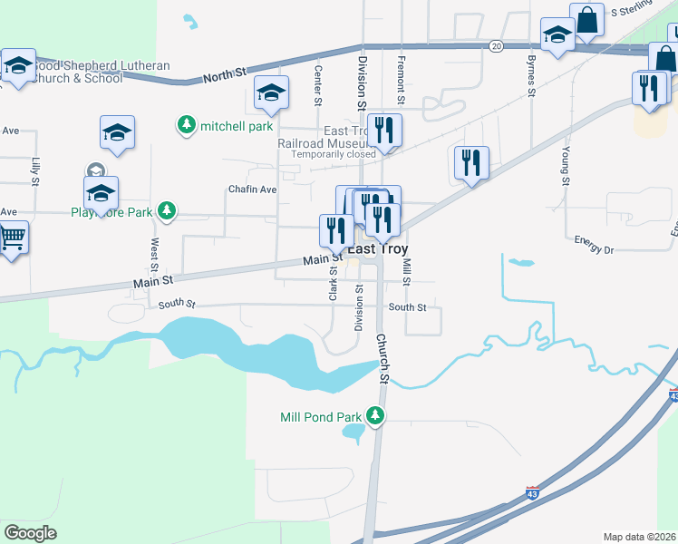 map of restaurants, bars, coffee shops, grocery stores, and more near 2116 Clark St in East Troy