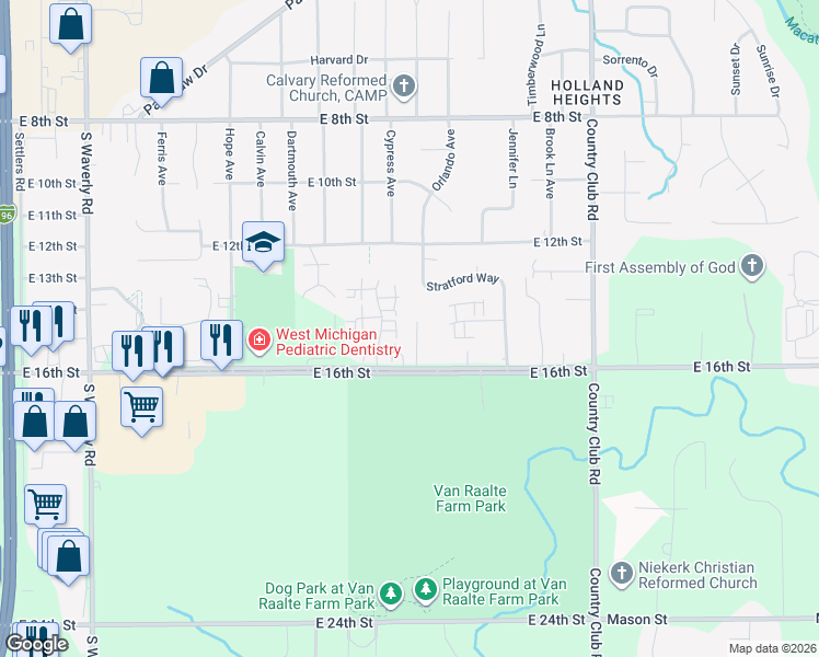 map of restaurants, bars, coffee shops, grocery stores, and more near 364 Harbor Town Court in Holland