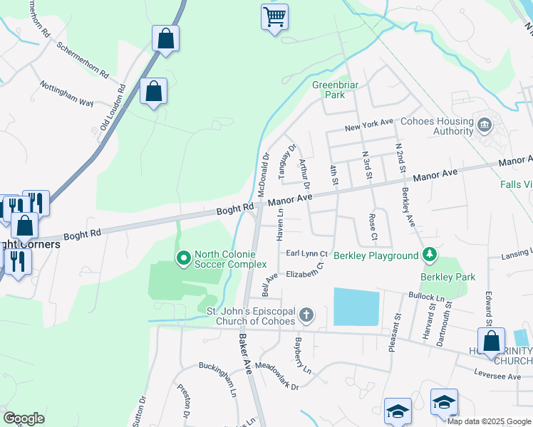 map of restaurants, bars, coffee shops, grocery stores, and more near 3 Baker Ave in Cohoes