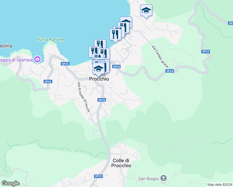 map of restaurants, bars, coffee shops, grocery stores, and more near 77 Via di Vallegrande in Procchio