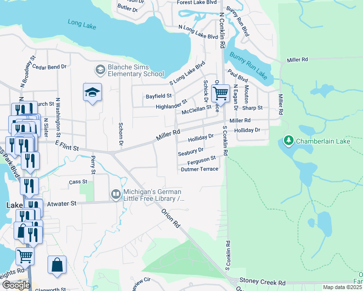 map of restaurants, bars, coffee shops, grocery stores, and more near 95 Detroit Boulevard South in Orion charter Township