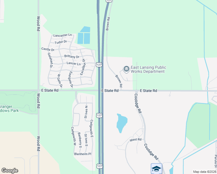 map of restaurants, bars, coffee shops, grocery stores, and more near 2493-2539 East State Road in Lansing