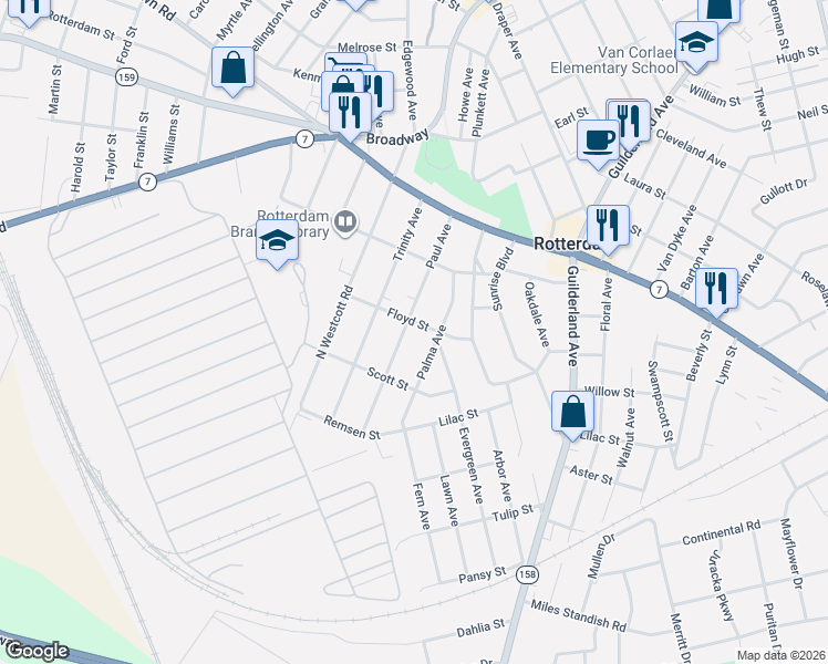 map of restaurants, bars, coffee shops, grocery stores, and more near 1205 Paul Avenue in Rotterdam