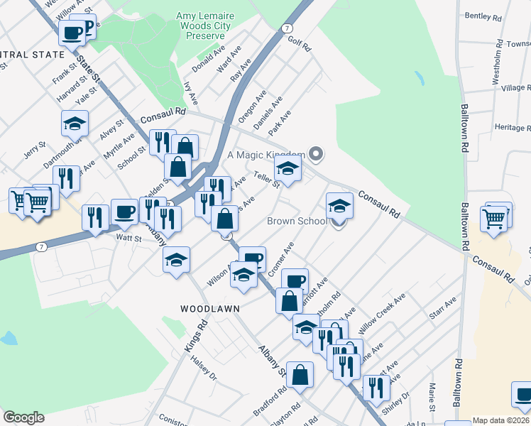 map of restaurants, bars, coffee shops, grocery stores, and more near 29 Elliott Avenue in Schenectady