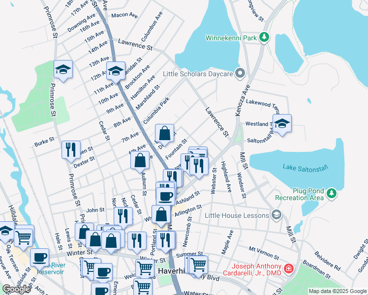 map of restaurants, bars, coffee shops, grocery stores, and more near 40 Howard Street in Haverhill