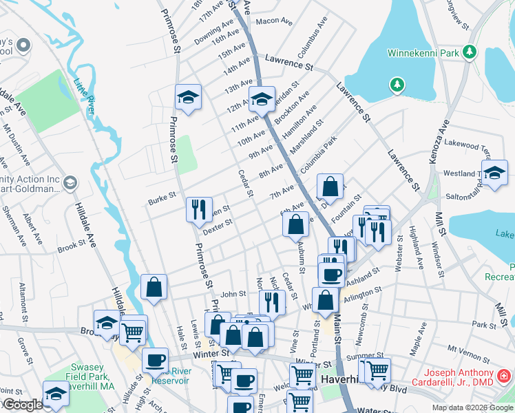 map of restaurants, bars, coffee shops, grocery stores, and more near 34 7th Avenue in Haverhill