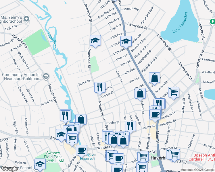 map of restaurants, bars, coffee shops, grocery stores, and more near 37 Garden Street in Haverhill