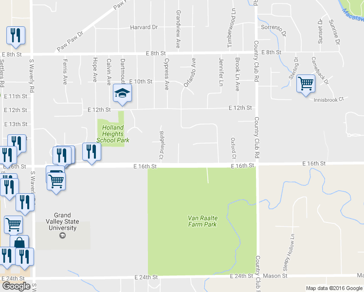 map of restaurants, bars, coffee shops, grocery stores, and more near 1018 Abbey Court in Holland