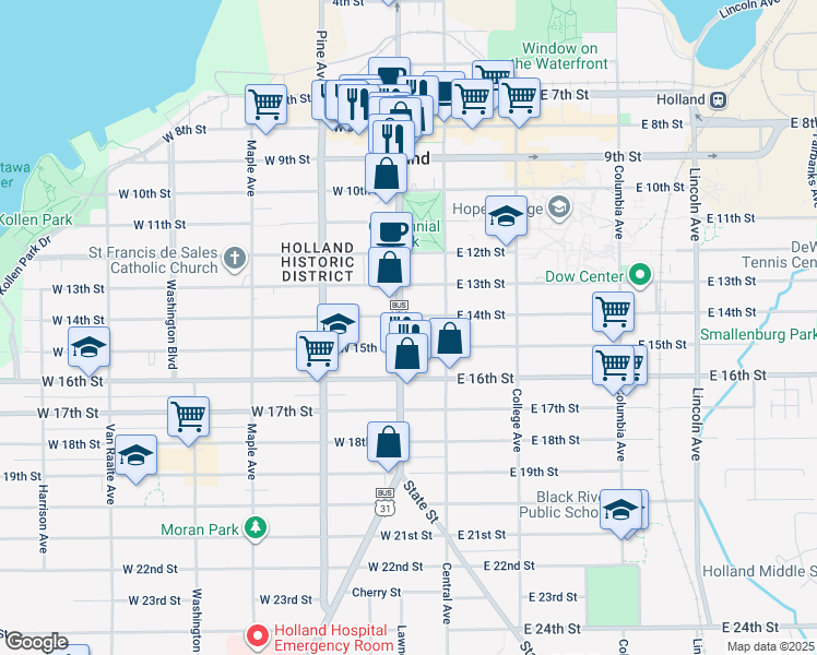 map of restaurants, bars, coffee shops, grocery stores, and more near 342 South River Avenue in Holland
