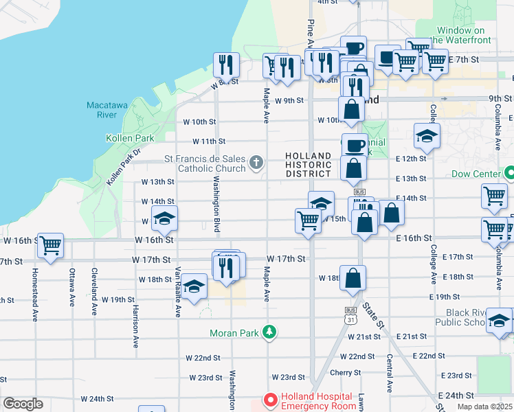 map of restaurants, bars, coffee shops, grocery stores, and more near 340 Maple Avenue in Holland