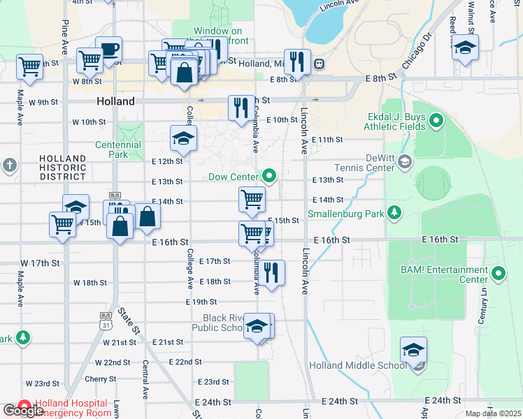 map of restaurants, bars, coffee shops, grocery stores, and more near 345 Columbia Avenue in Holland
