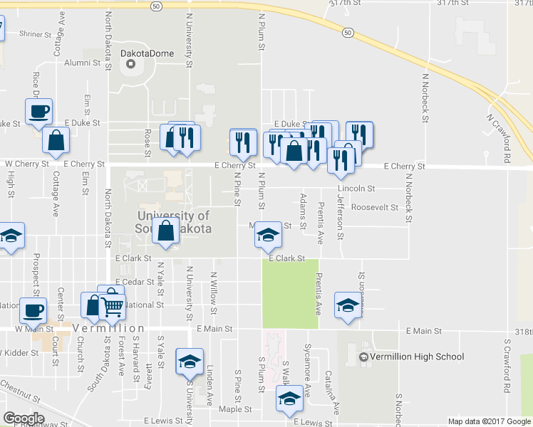 map of restaurants, bars, coffee shops, grocery stores, and more near 409 North Plum Street in Vermillion