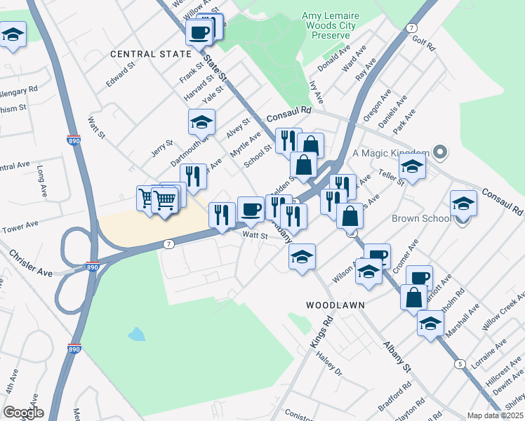 map of restaurants, bars, coffee shops, grocery stores, and more near 2469 Albany Street in Schenectady