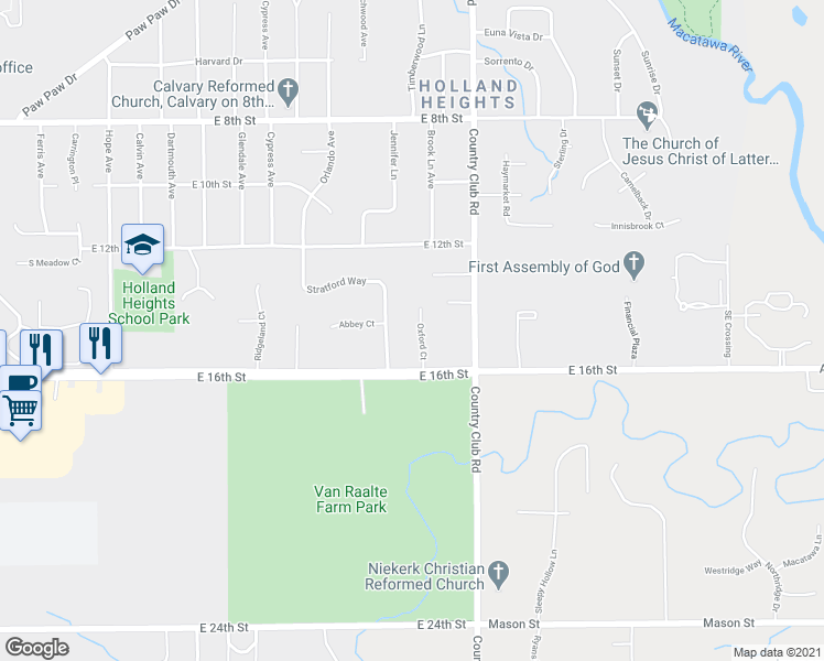 map of restaurants, bars, coffee shops, grocery stores, and more near 348 Oxford Court in Holland