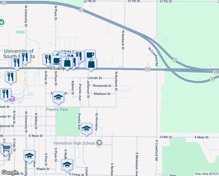 map of restaurants, bars, coffee shops, grocery stores, and more near 1309 Roosevelt Street in Vermillion