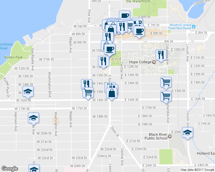 map of restaurants, bars, coffee shops, grocery stores, and more near 342 South River Avenue in Holland