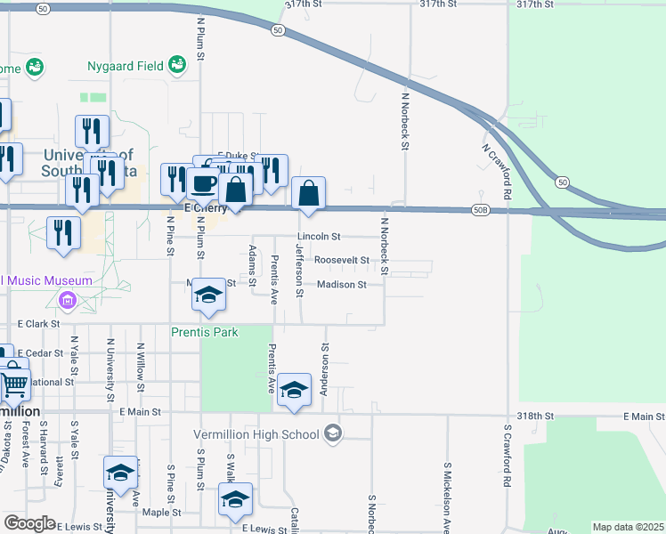 map of restaurants, bars, coffee shops, grocery stores, and more near 1205 Roosevelt Street in Vermillion