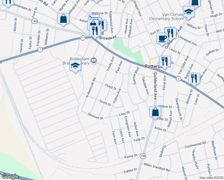 map of restaurants, bars, coffee shops, grocery stores, and more near 1205 Paul Avenue in Rotterdam