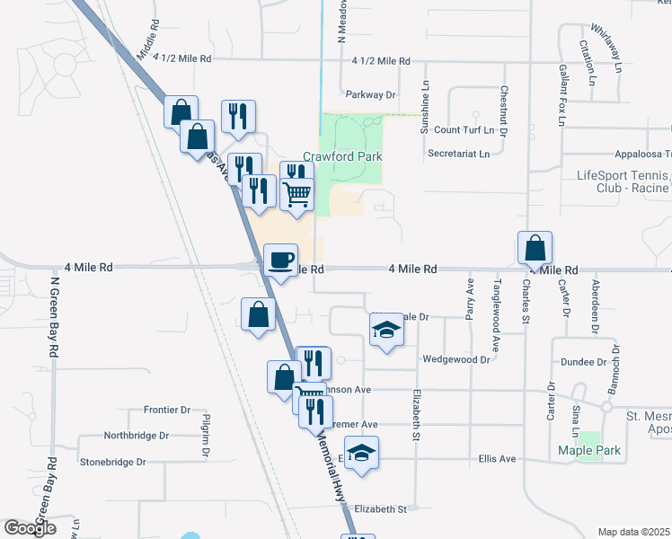 map of restaurants, bars, coffee shops, grocery stores, and more near 2225 4 Mile Road in Racine
