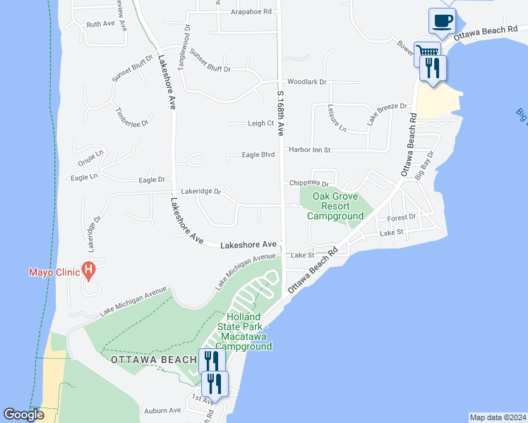 map of restaurants, bars, coffee shops, grocery stores, and more near 2135 Lakeridge Drive in Holland