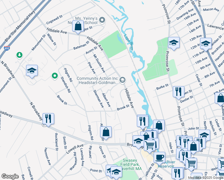 map of restaurants, bars, coffee shops, grocery stores, and more near 52 Kathy Drive in Haverhill