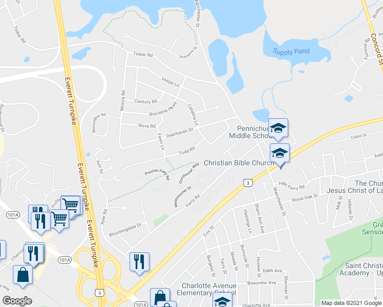 map of restaurants, bars, coffee shops, grocery stores, and more near 8 Todd Road in Nashua