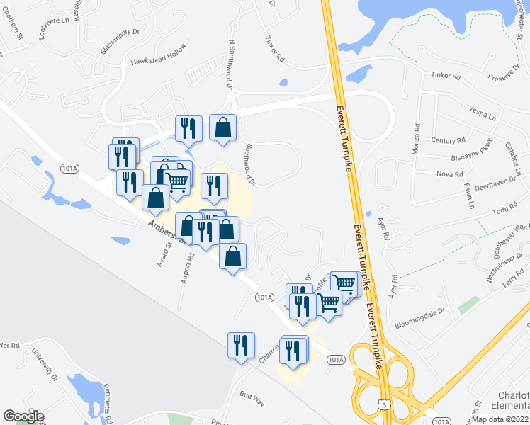 map of restaurants, bars, coffee shops, grocery stores, and more near 115 Cannongate III Road in Nashua