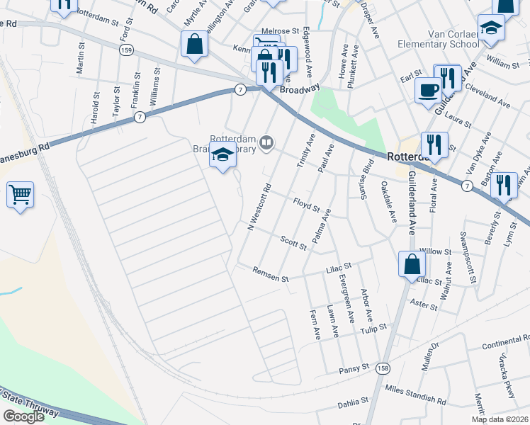 map of restaurants, bars, coffee shops, grocery stores, and more near 1225 North Westcott Road in Rotterdam