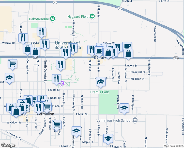 map of restaurants, bars, coffee shops, grocery stores, and more near 417 North Pine Street in Vermillion