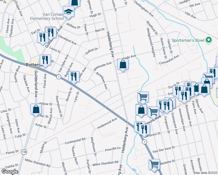 map of restaurants, bars, coffee shops, grocery stores, and more near 1660 Roselawn Avenue in Rotterdam