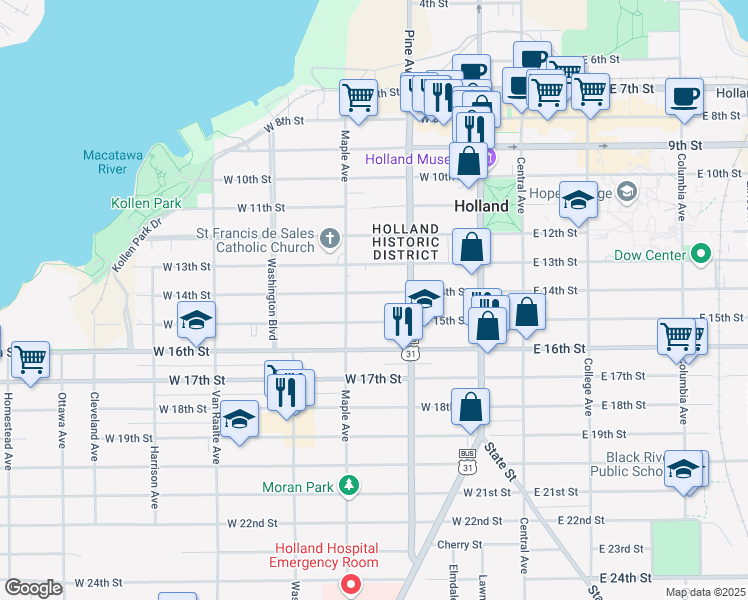 map of restaurants, bars, coffee shops, grocery stores, and more near 136 West 14th Street in Holland