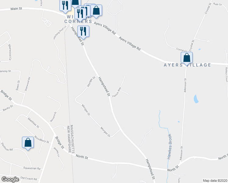 map of restaurants, bars, coffee shops, grocery stores, and more near 2 Patrick Way in Methuen