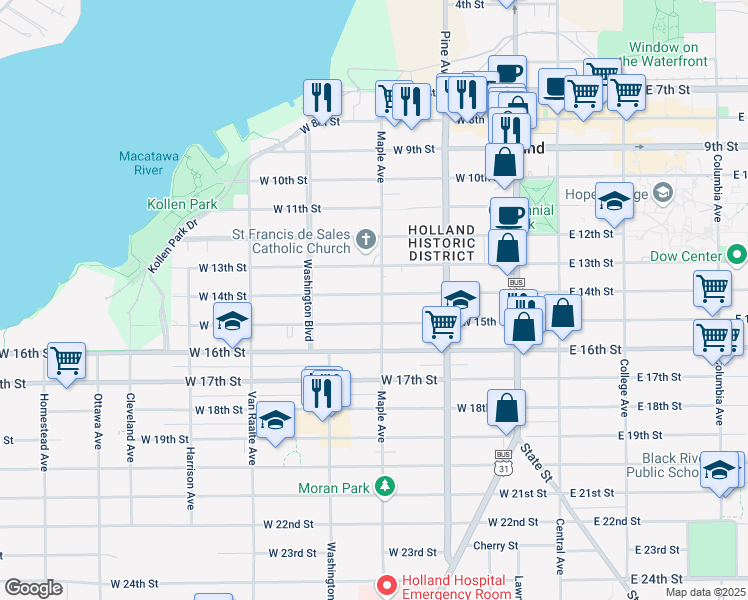 map of restaurants, bars, coffee shops, grocery stores, and more near 340 Maple Avenue in Holland
