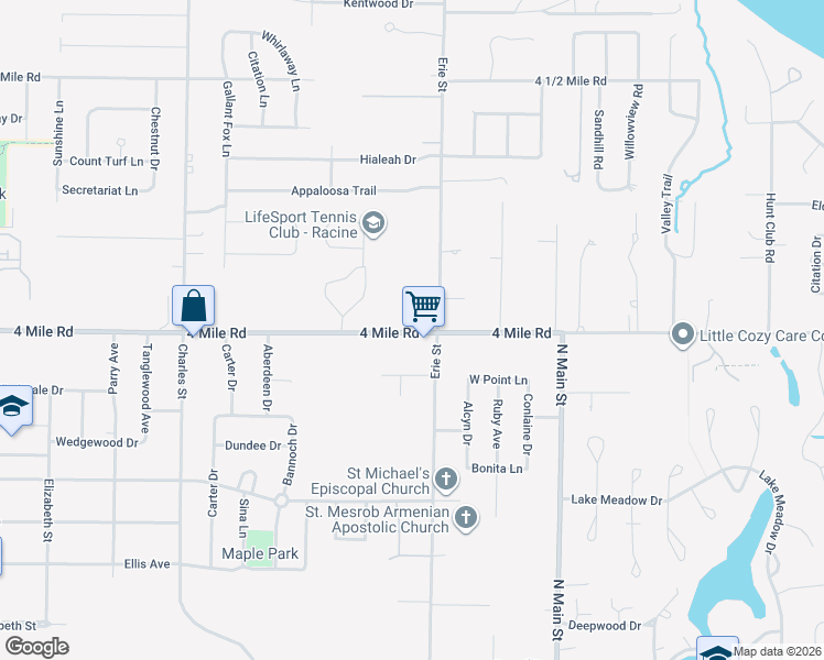 map of restaurants, bars, coffee shops, grocery stores, and more near 622 4 Mile Road in Racine