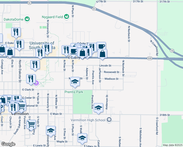 map of restaurants, bars, coffee shops, grocery stores, and more near 430 Prentis Avenue in Vermillion