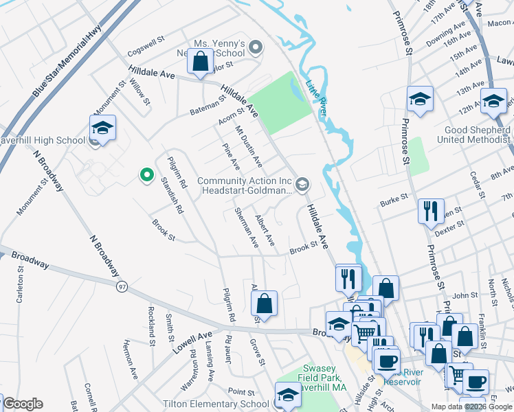 map of restaurants, bars, coffee shops, grocery stores, and more near 52 Greenough Street in Haverhill