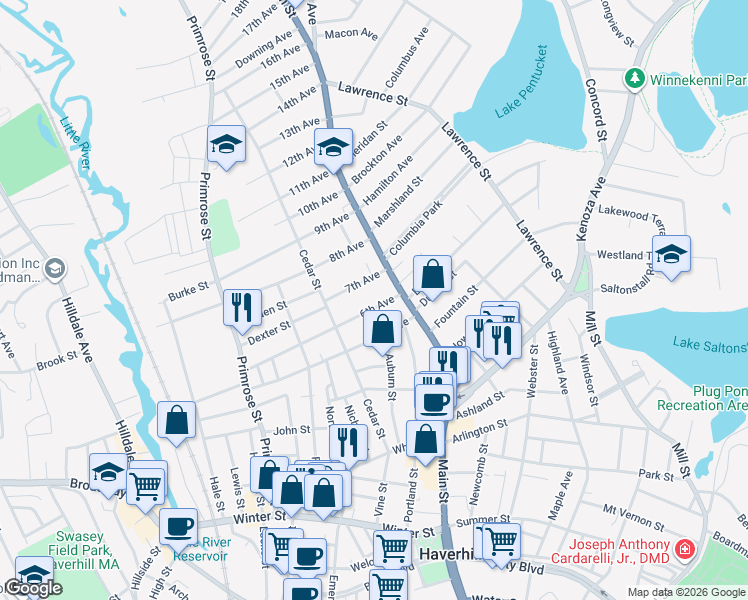 map of restaurants, bars, coffee shops, grocery stores, and more near 7 6th Avenue in Haverhill