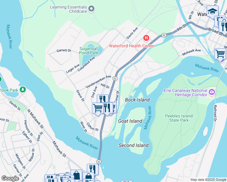 map of restaurants, bars, coffee shops, grocery stores, and more near 71 Saratoga Avenue in Waterford